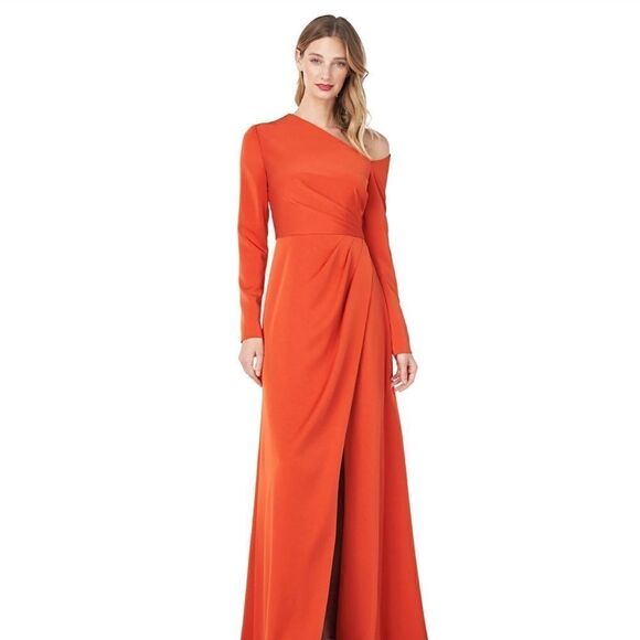 TANGERINE Prom Gown Kay Unger Long Sleeve  Asymmetrical Lined  Core NWT size 6 - Picture 8 of 9
